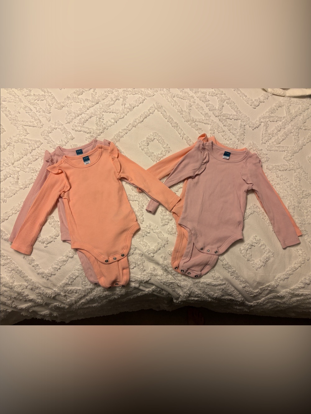 Ribbed Long-Sleeve Baby One-Piece - Peach & Dusty Pink, Twin Set